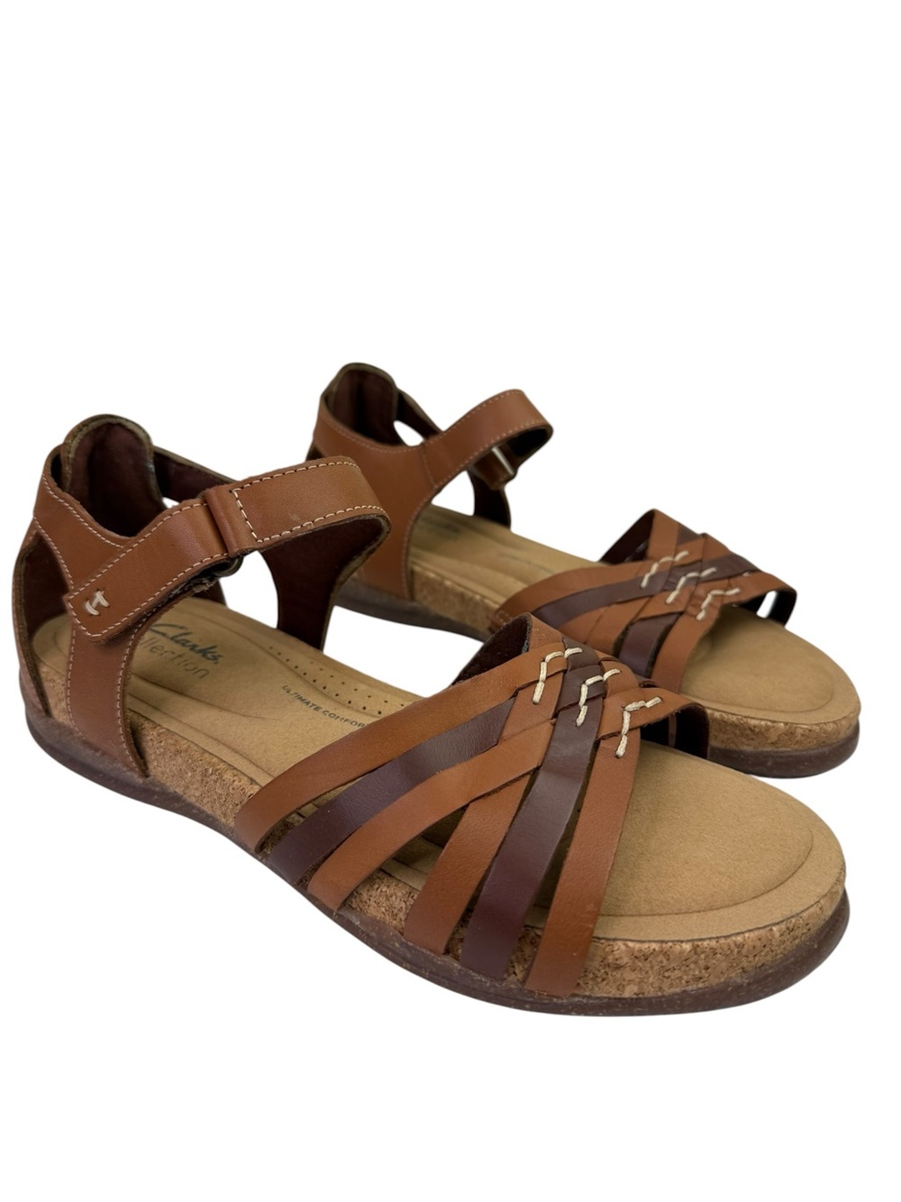 Clarks Brown Leather Sandals Strap Velcro Closure Open Toe Closed Heel Women’s 9